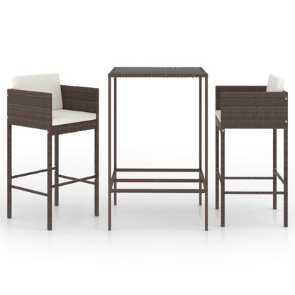 3 pc Garden Bar Set with Brown Polyrattan Cushions