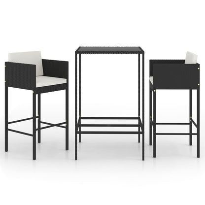 3 pc Garden Bar Set with Black Polyrattan Cushions