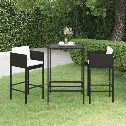 3 pc Garden Bar Set with Black Polyrattan Cushions
