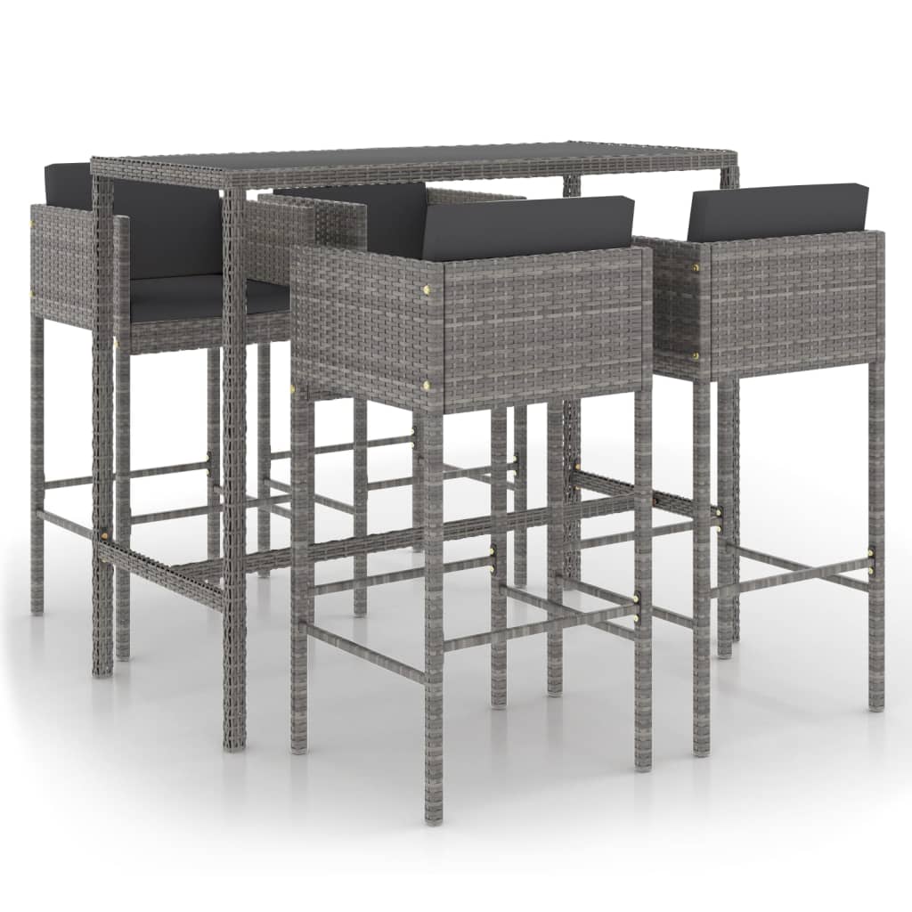 5 pc Garden Bar Set with Gray Polyrattan Cushions