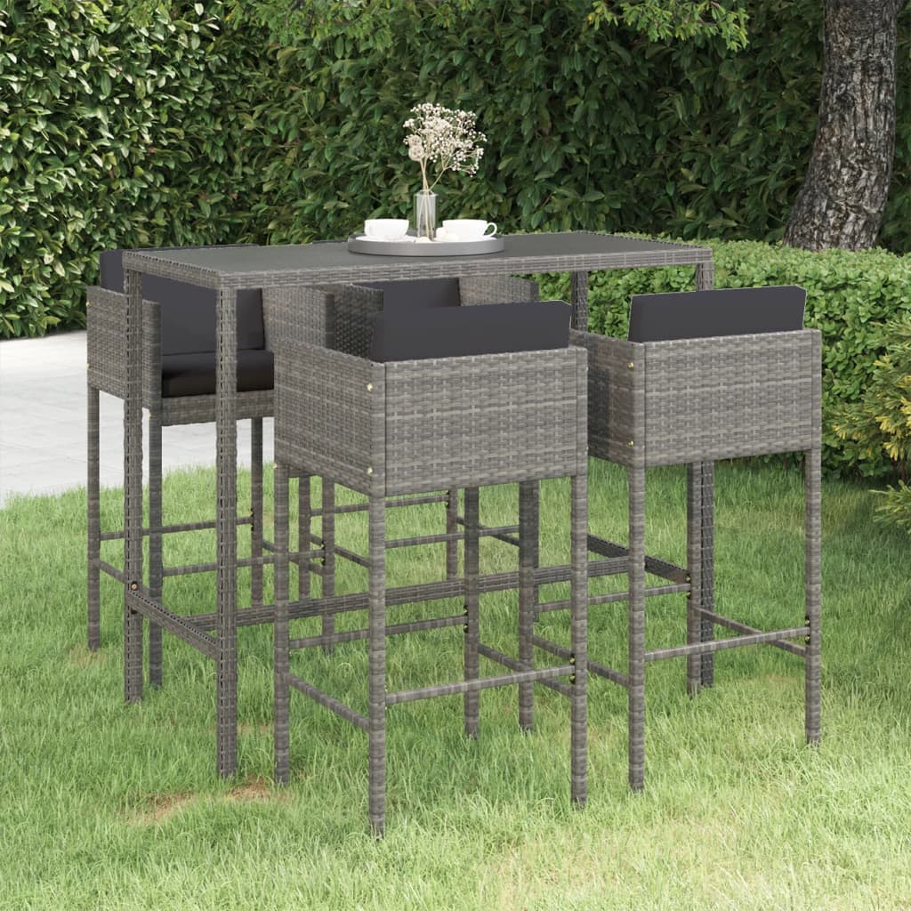 5 pc Garden Bar Set with Gray Polyrattan Cushions