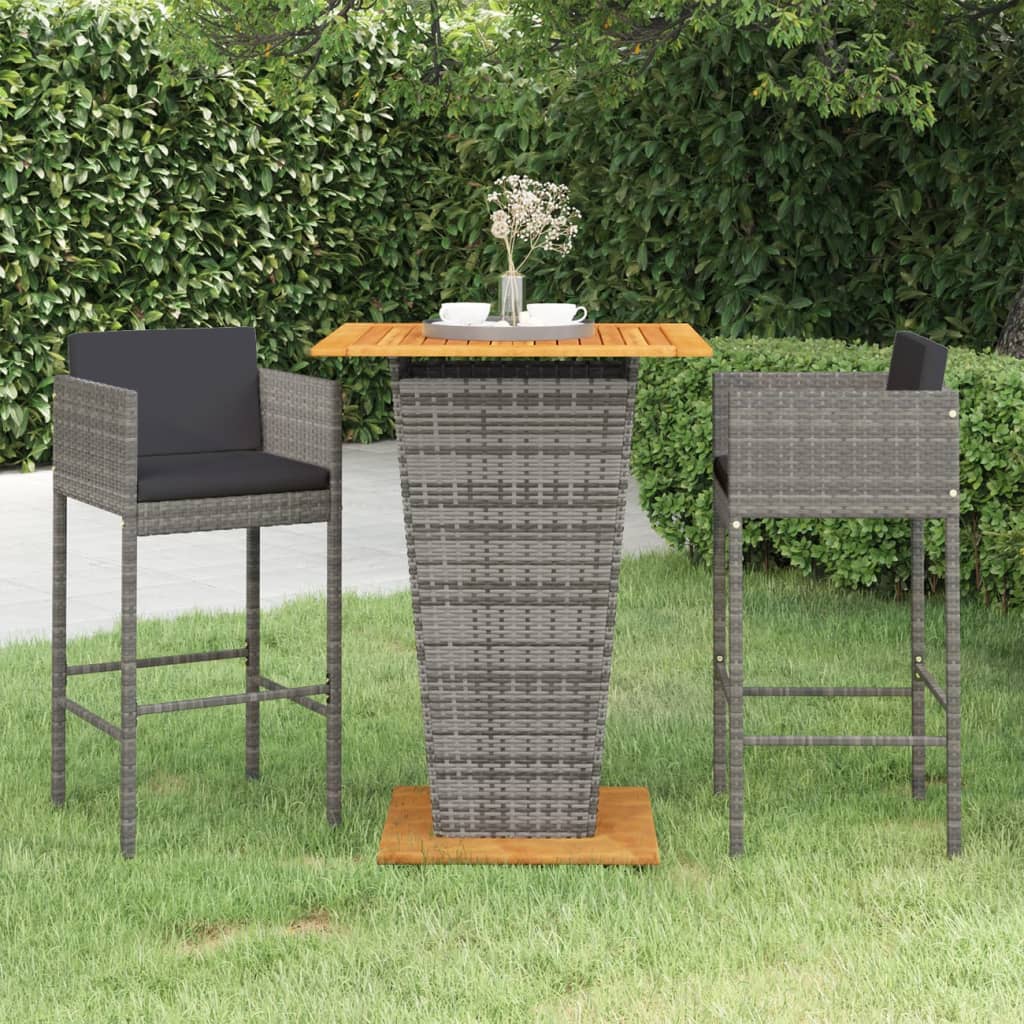 Set Bar da Giardino 3 pz con Cuscini in Polyrattan Grigio - homemem39