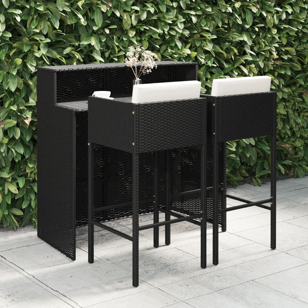 Set Bar da Giardino 3 pz con Cuscini Polyrattan Nero - homemem39