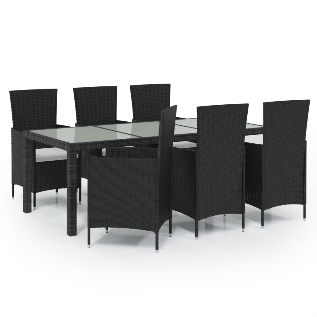7-piece Garden Dining Set with Black Polyrattan Cushions