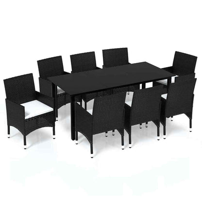 Set da Pranzo da Giardino 9 pz con Cuscini Nero in Polyrattan