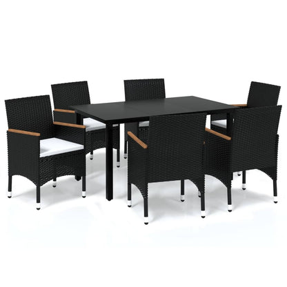 7 pc Garden Dining Set with Black Polyrattan Cushions