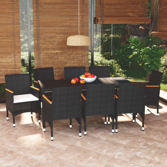 Set Pranzo da Giardino 9 pz con Cuscini in Polyrattan Nero | homemem39