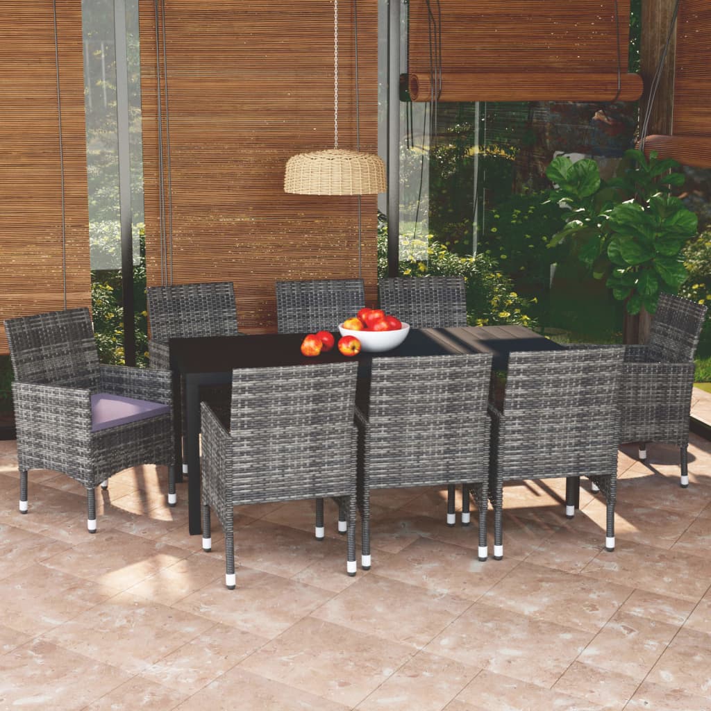 Set Pranzo da Giardino 9 pz con Cuscini in Polyrattan Grigio - homemem39