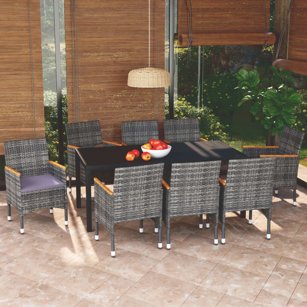 Set Pranzo da Giardino 9 pz con Cuscini in Polyrattan Grigio - homemem39