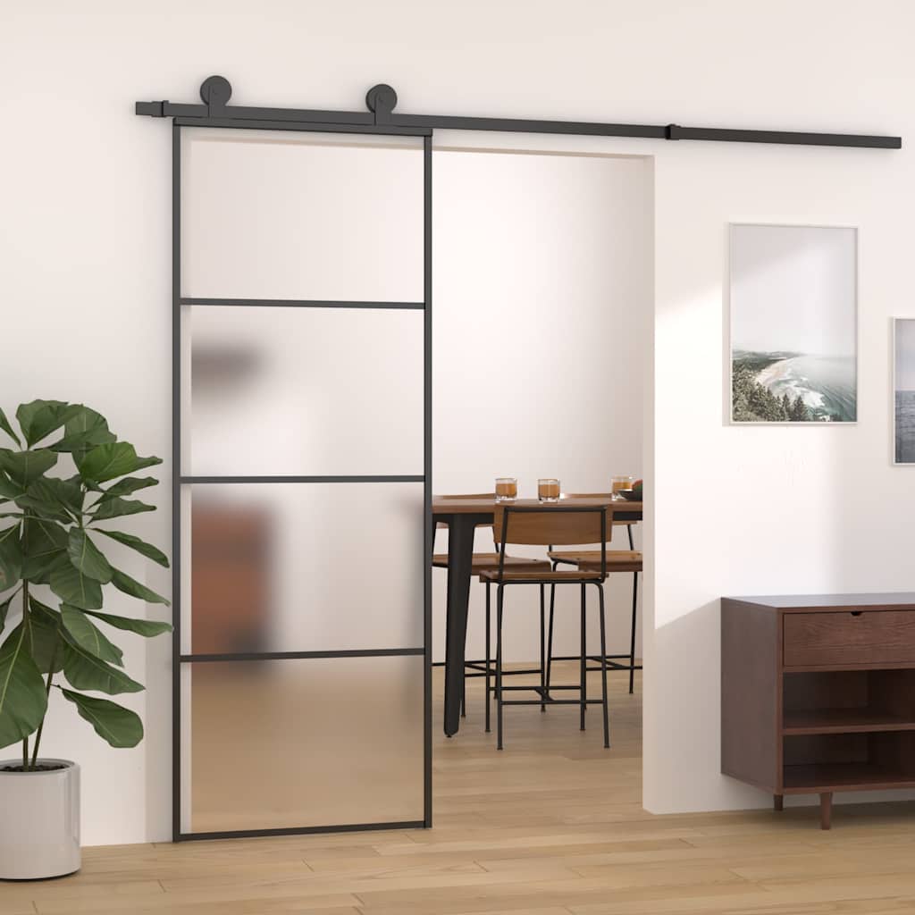 Porta Scorrevole Vetro Smerigliato ESG Alluminio 76x205 cm Nera | homemem39