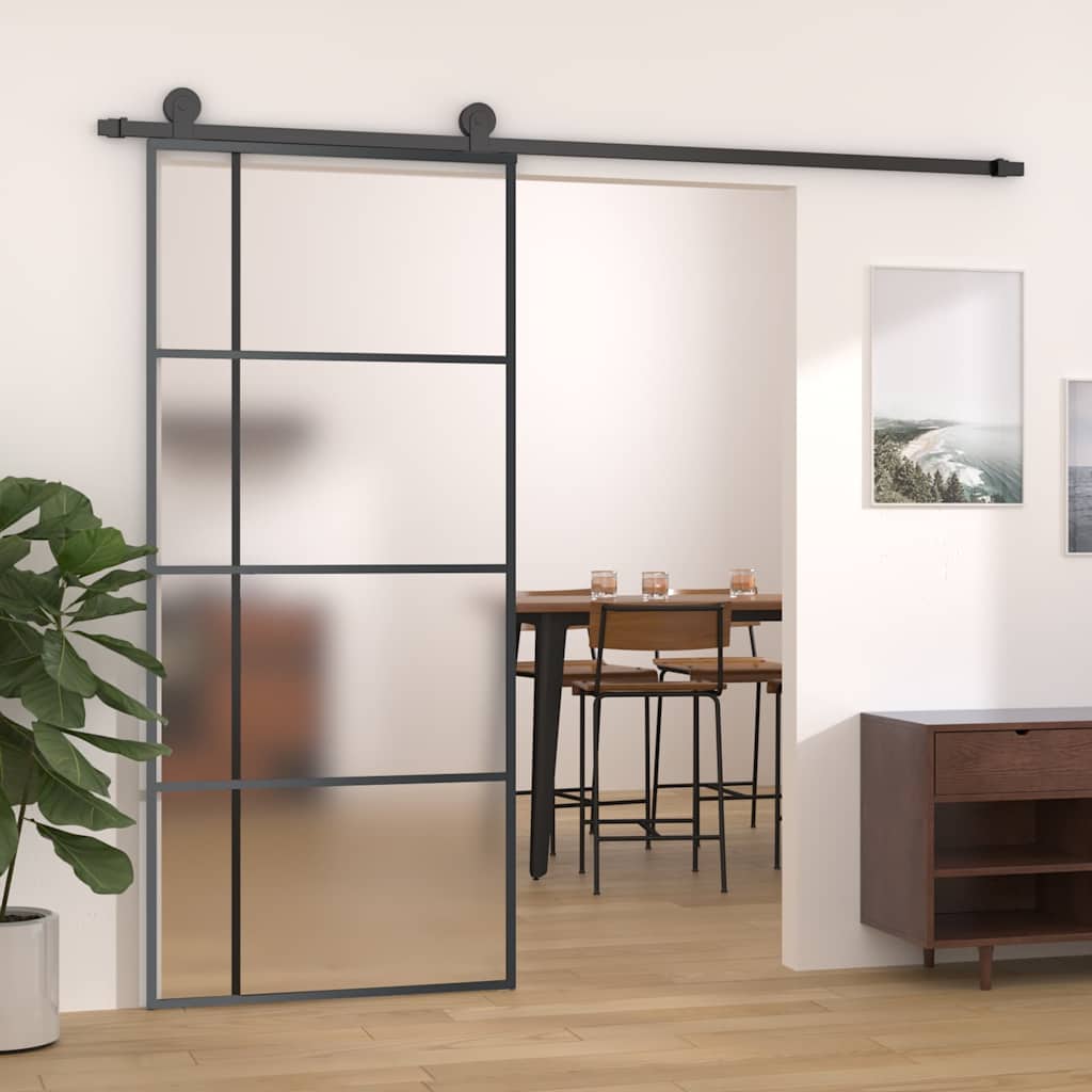 Porta Scorrevole Vetro Smerigliato ESG Alluminio 90x205 cm Nera | homemem39