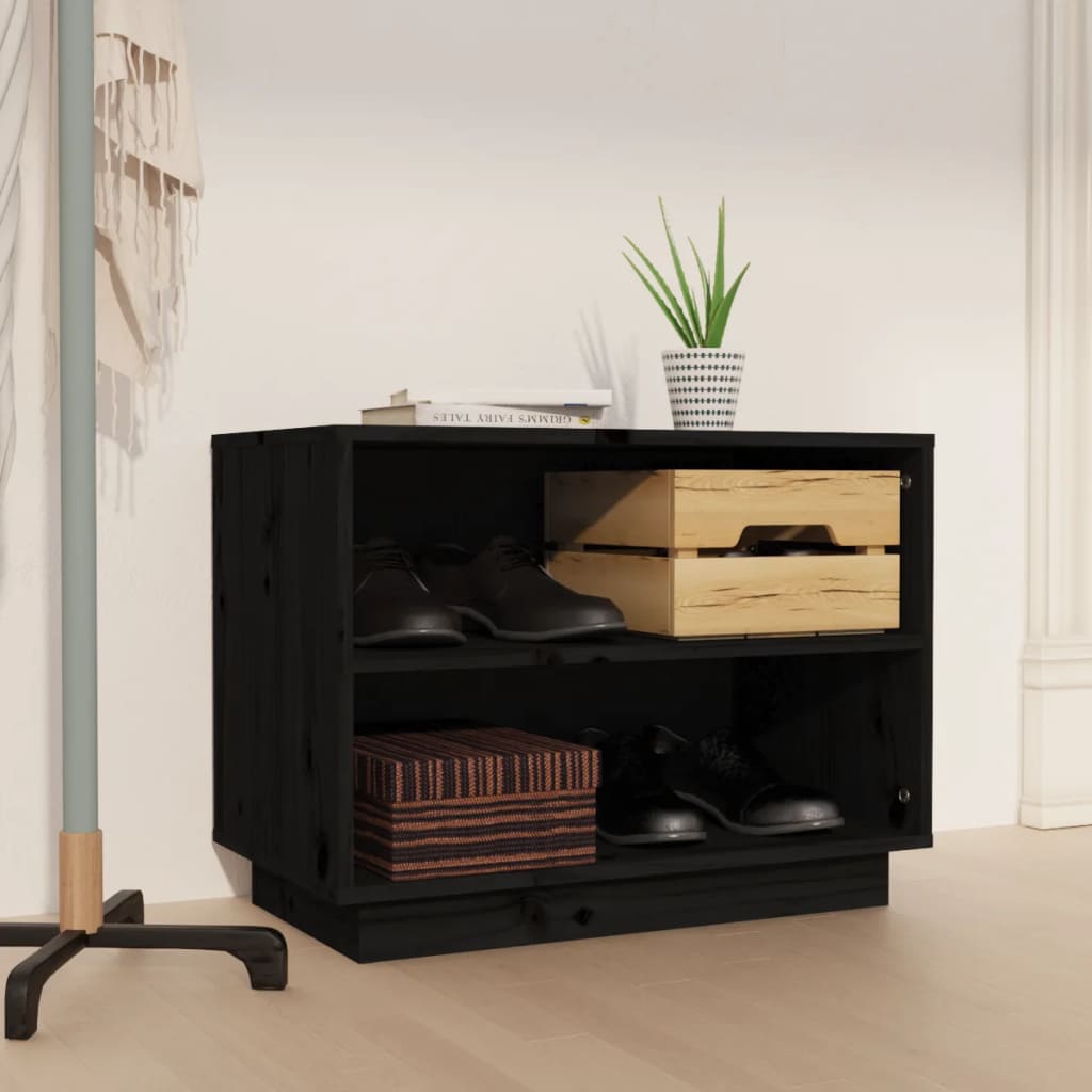 Scarpiera Nera 60x34x45 cm in Legno Massello di Pino - homemem39