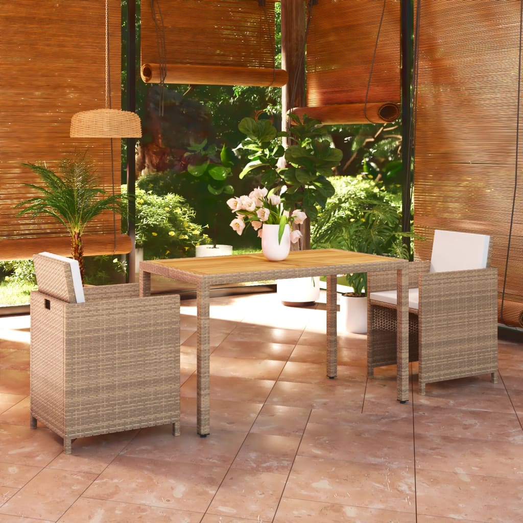 Set da Pranzo da Giardino 3 pz con Cuscini in Polyrattan Beige