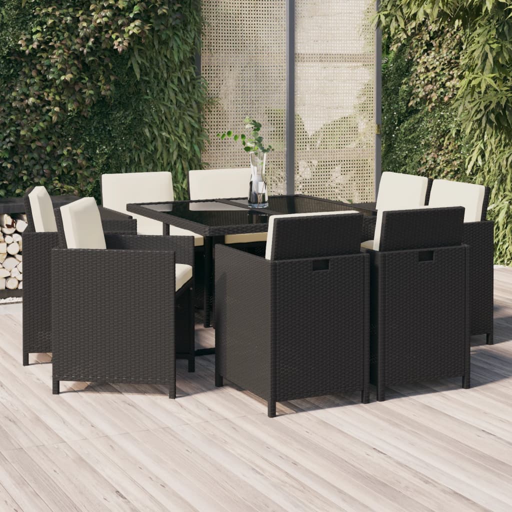 Set da Pranzo da Giardino 9 pz con Cuscini Nero in Polyrattan - homemem39