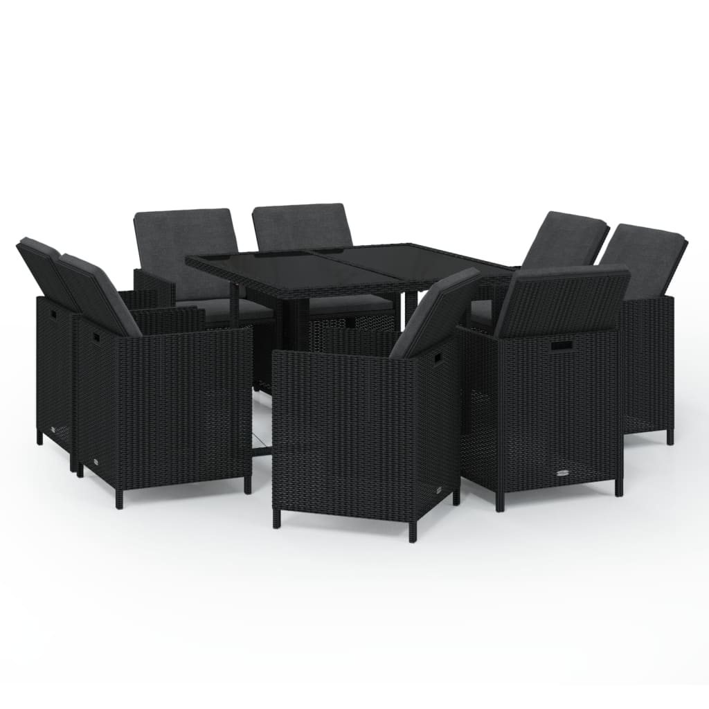 Set da Pranzo da Giardino 9 pz con Cuscini Nero in Polyrattan - homemem39