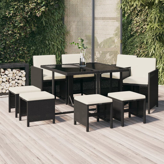 Set da Pranzo da Giardino 9 pz con Cuscini Nero in Polyrattan - homemem39