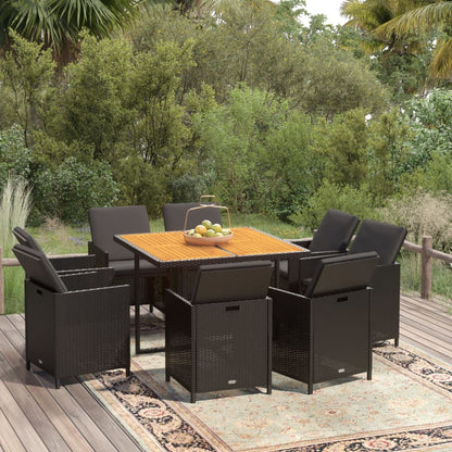 Set da Pranzo da Giardino 9 pz con Cuscini Nero in Polyrattan - homemem39