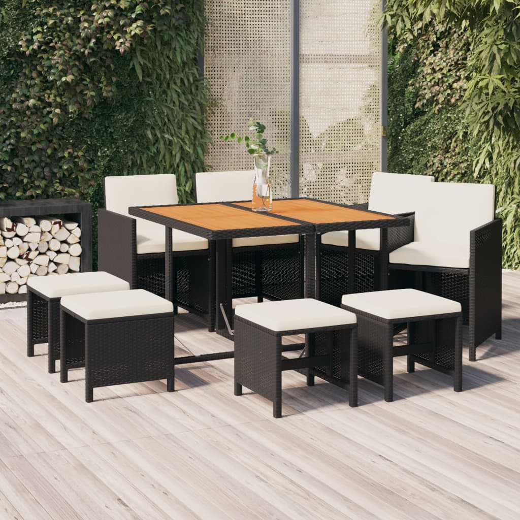 Set da Pranzo da Giardino 9 pz con Cuscini Nero in Polyrattan - homemem39