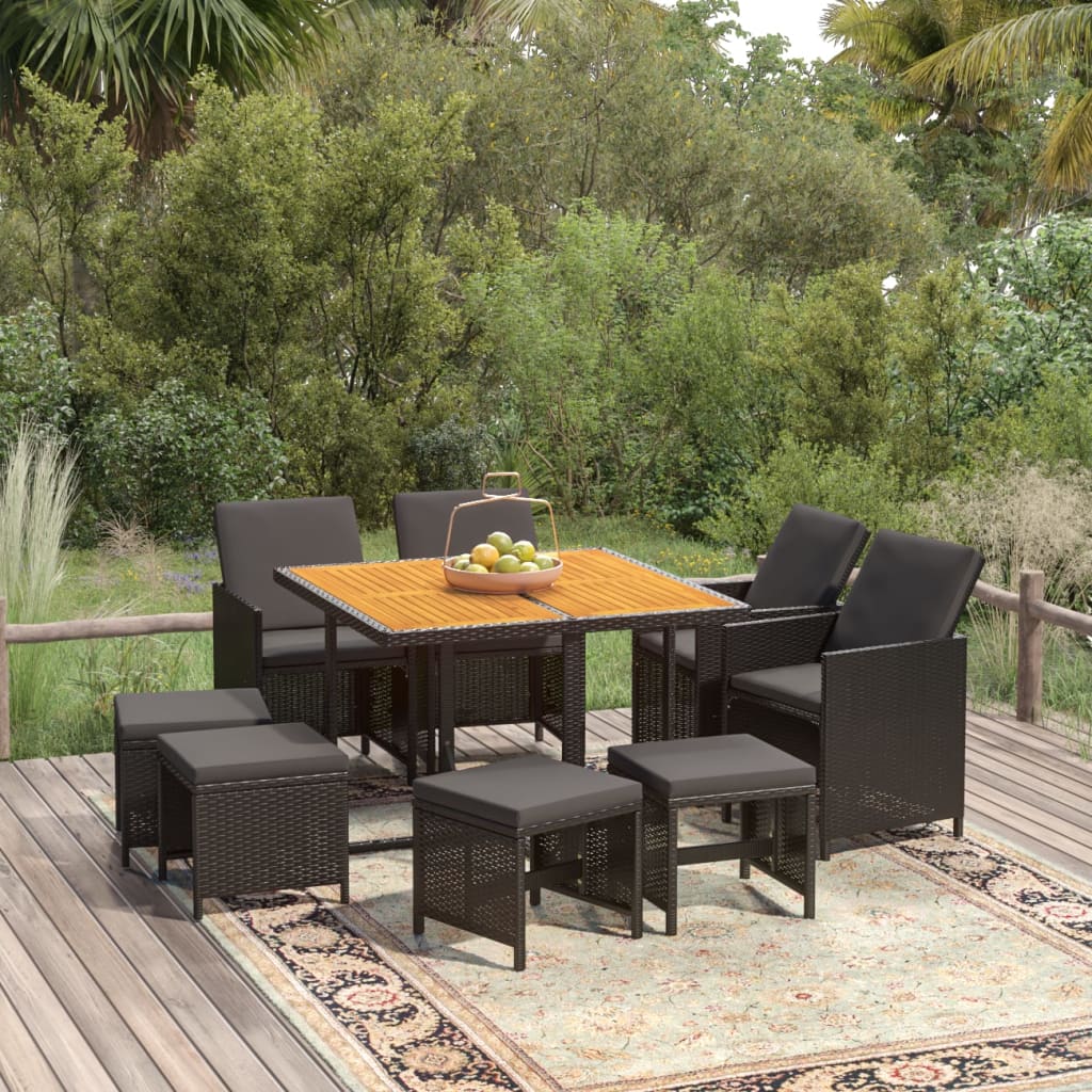 Set da Pranzo da Giardino 9 pz con Cuscini Nero in Polyrattan - homemem39