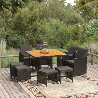 Set da Pranzo da Giardino 9 pz con Cuscini Nero in Polyrattan - homemem39