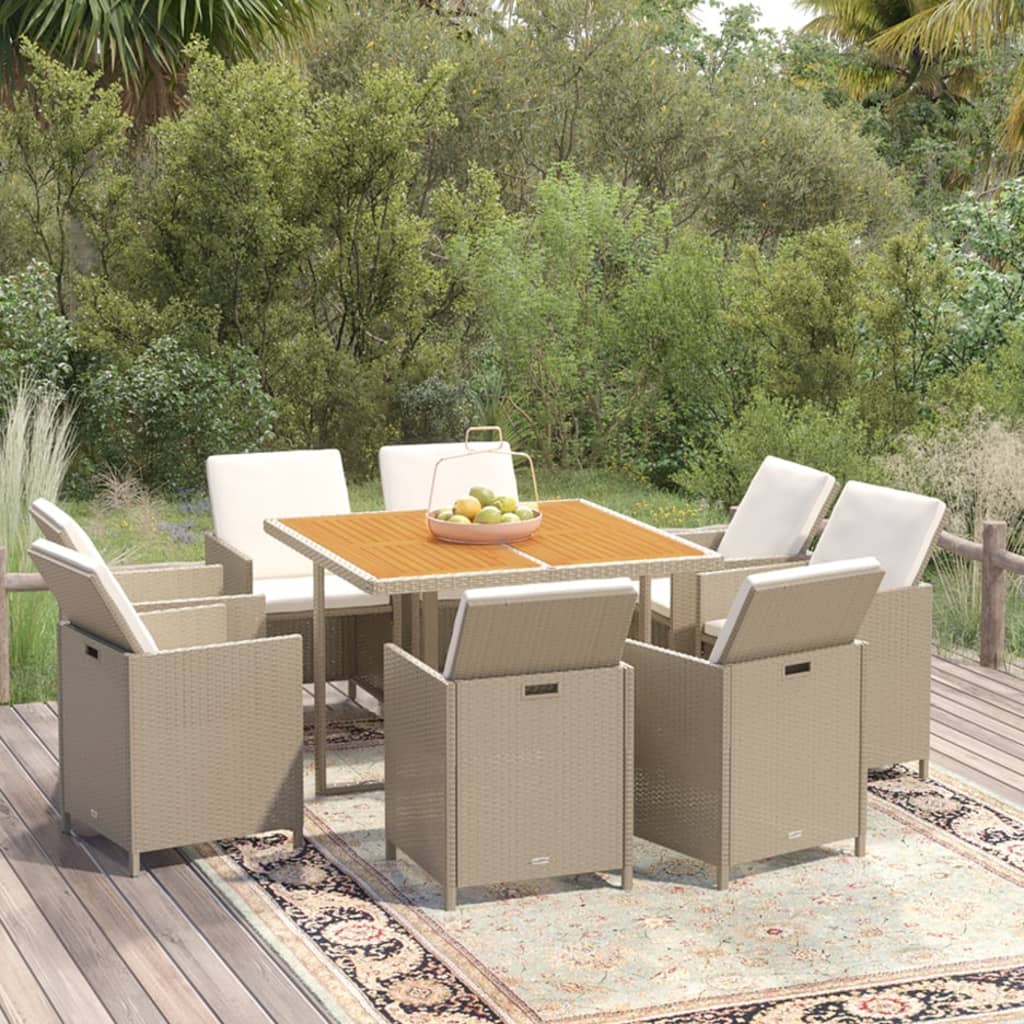 Set da Pranzo da Giardino 9 pz con Cuscini in Polyrattan Beige - homemem39