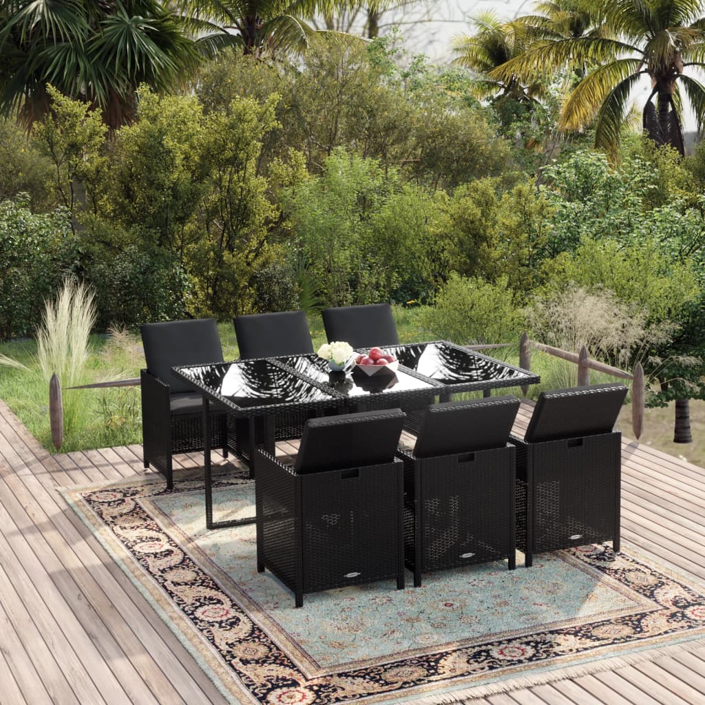 Set da Pranzo da Giardino 7 pz Nero con Cuscini in Polyrattan