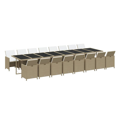 Set da Pranzo da Giardino 17 pz con Cuscini Beige in Polyrattan