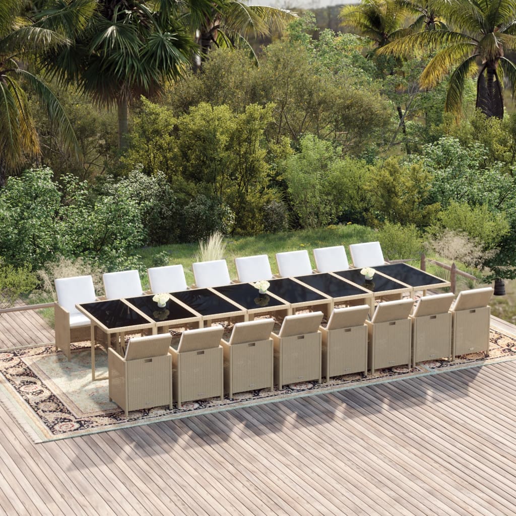 Set da Pranzo da Giardino 17 pz con Cuscini Beige in Polyrattan