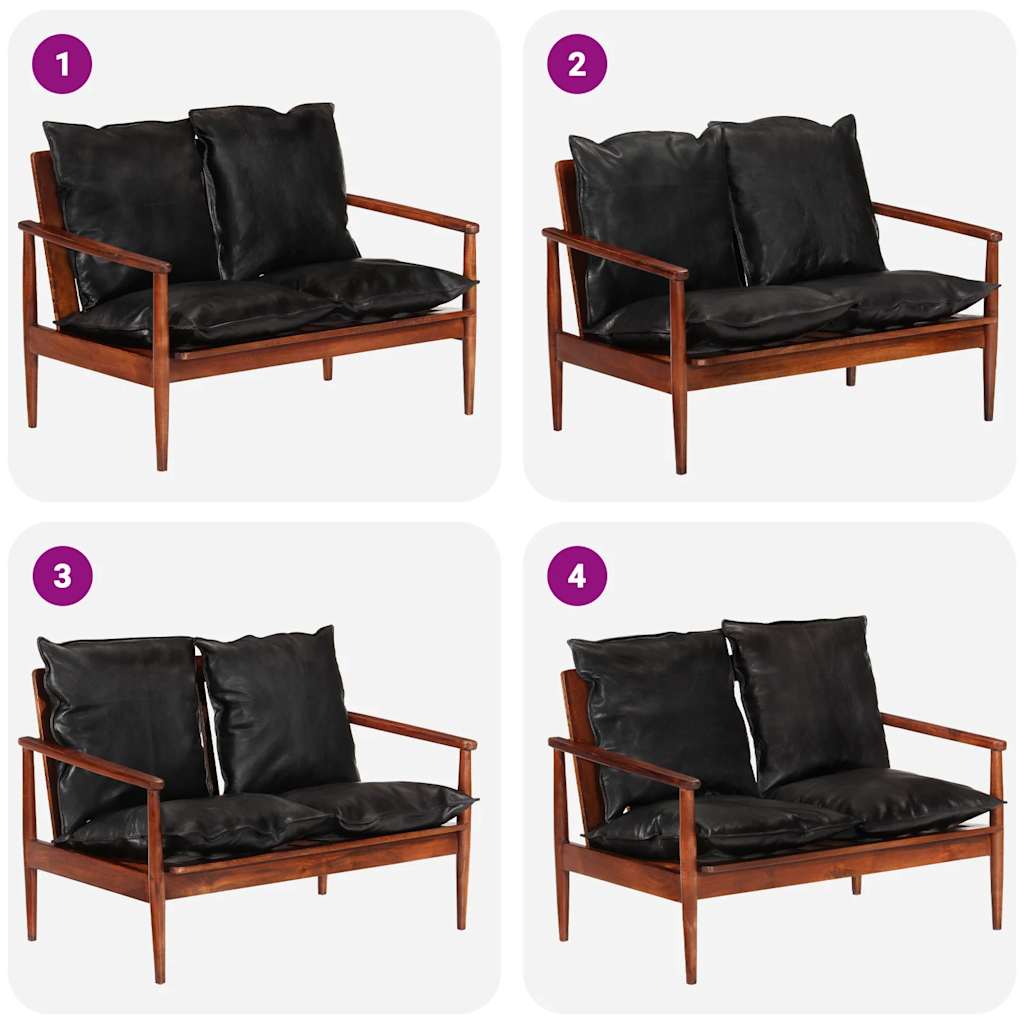 Divano 2 Posti Nero Vera Pelle e Legno Massello Acacia - homemem39