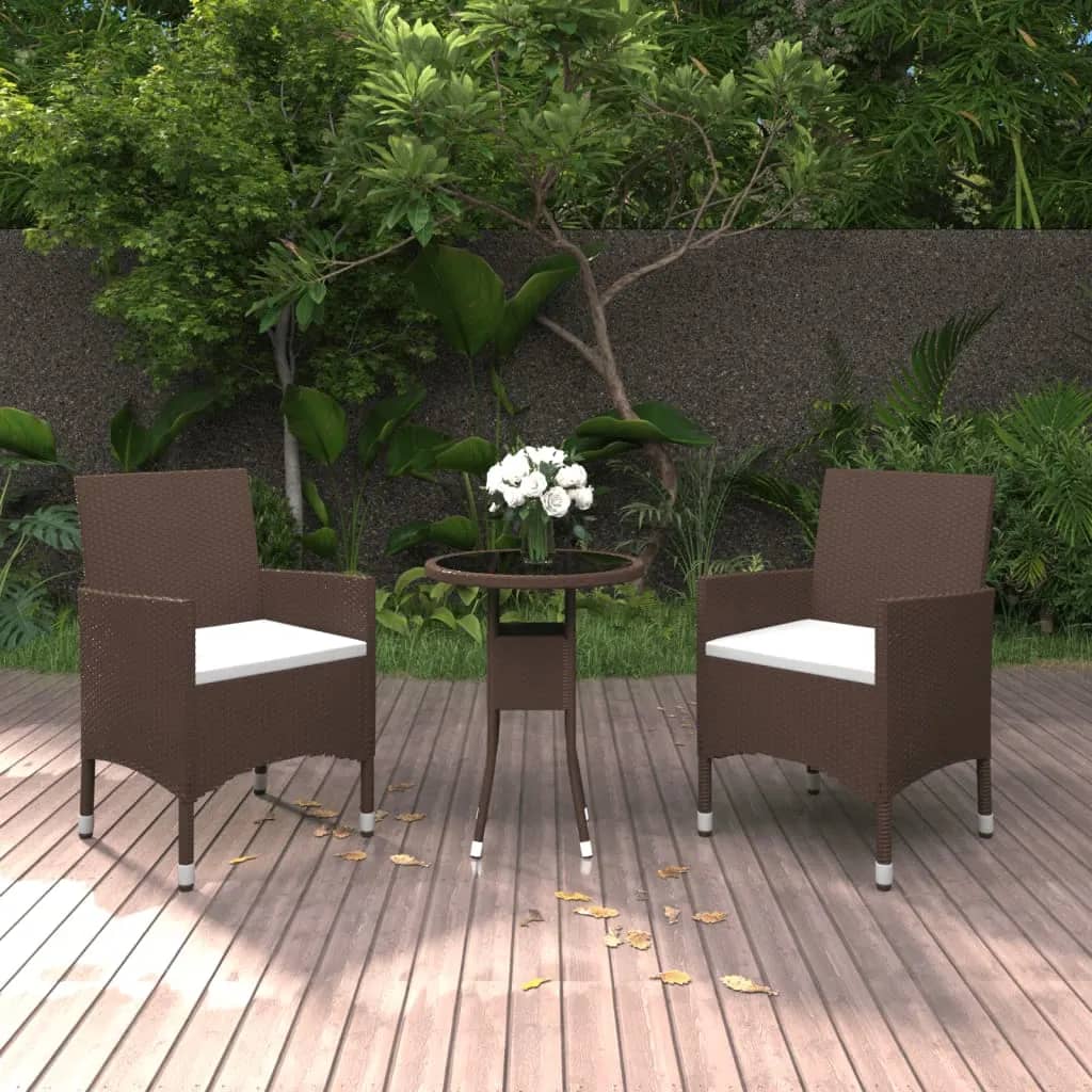 Set Bistrot Giardino 3 pz Polyrattan e Vetro Temperato Marrone - homemem39
