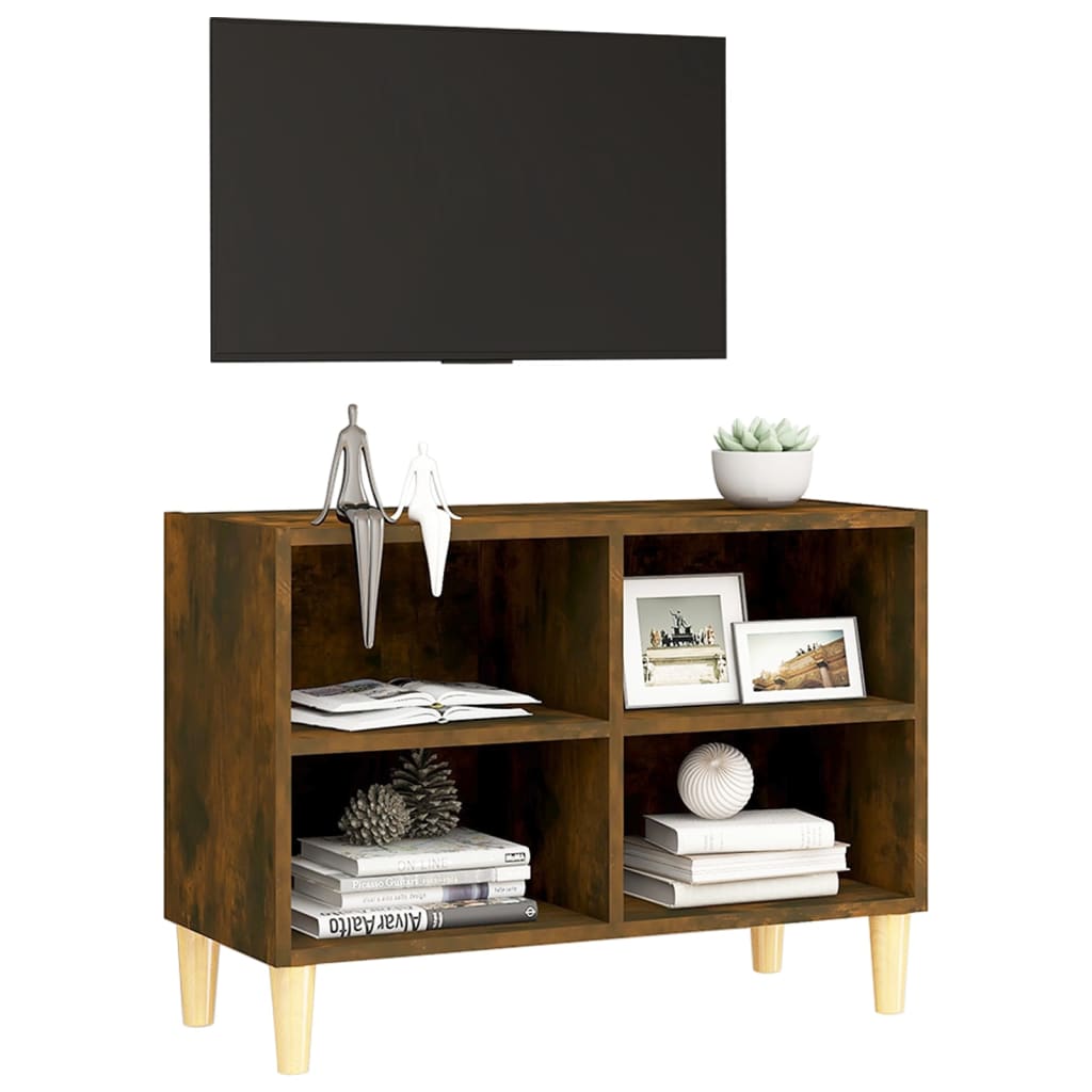 Mobile TV con Gambe in Legno Massello Rovere Fumo 69,5x30x50 cm - homemem39