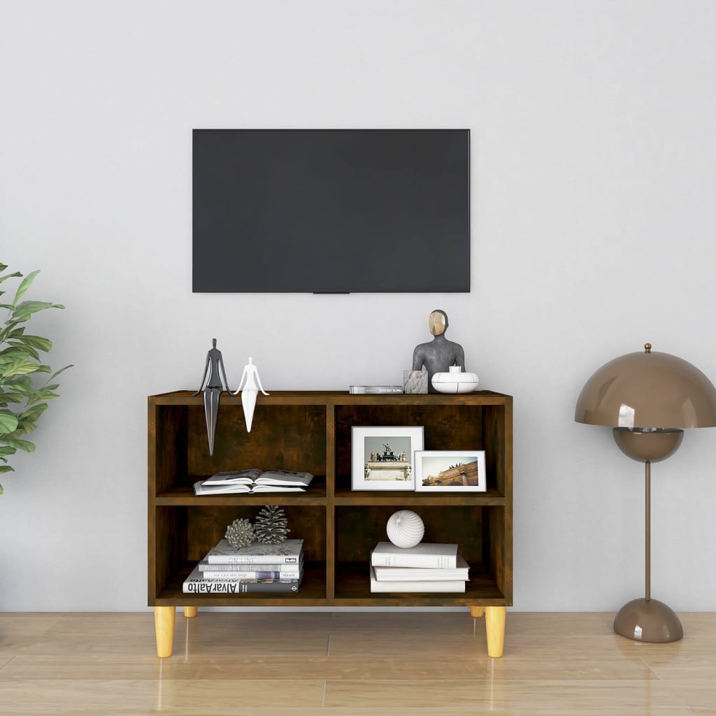 Mobile TV con Gambe in Legno Massello Rovere Fumo 69,5x30x50 cm - homemem39