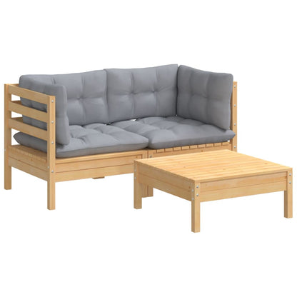 Set Divani da Giardino 3 pz con Cuscini Grigi Massello di Pino