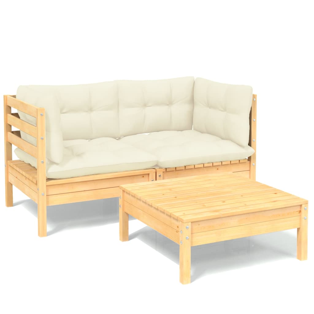 Set Salotto da Giardino 3 pz con Cuscini Crema Legno di Pino