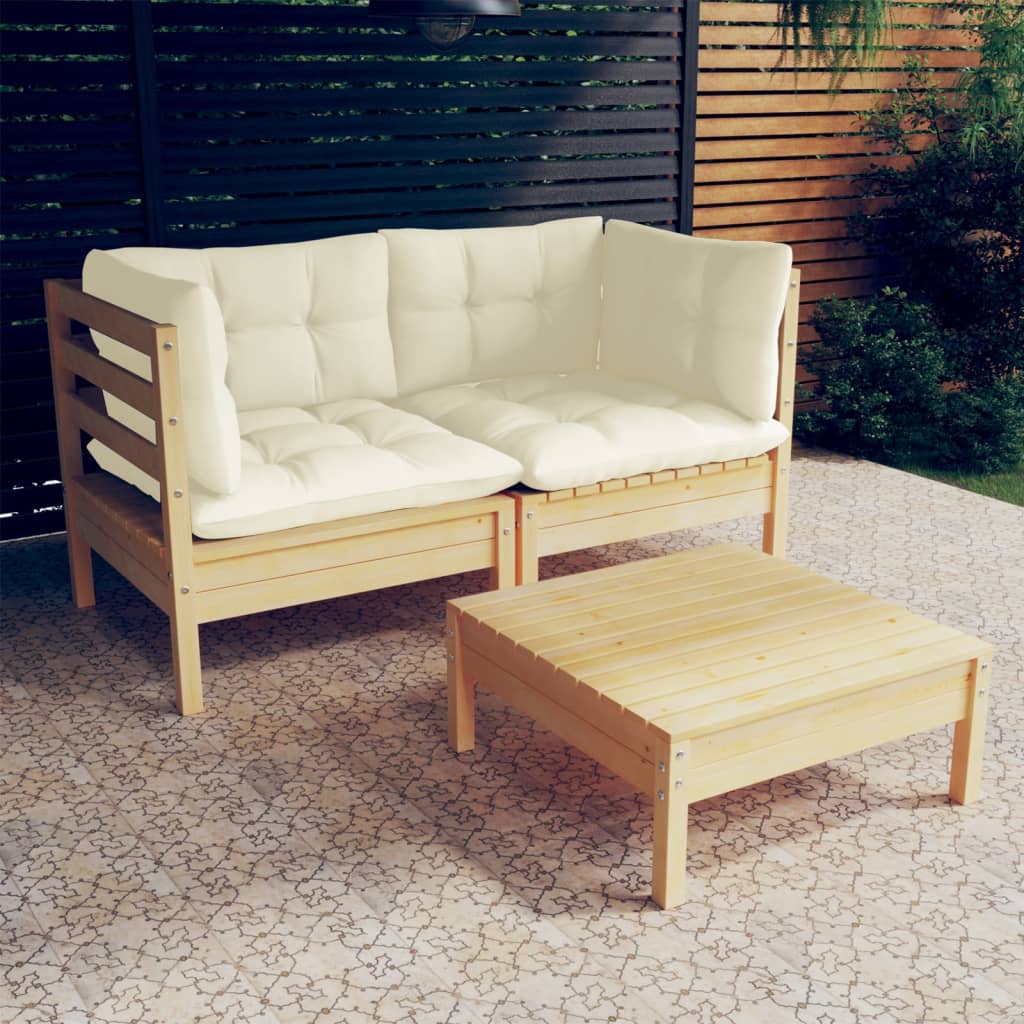 Set Salotto da Giardino 3 pz con Cuscini Crema Legno di Pino