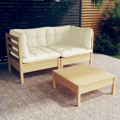 Set Salotto da Giardino 3 pz con Cuscini Crema Legno di Pino