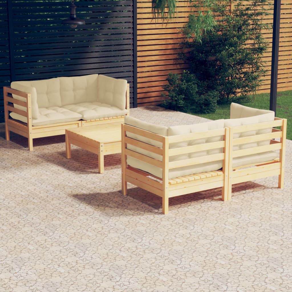 Set Salotto da Giardino 5pz con Cuscini Crema in Legno di Pino