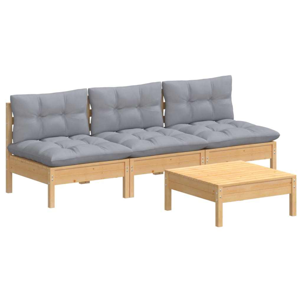 Set Divani da Giardino 4 pz con Cuscini Grigi Massello di Pino - homemem39