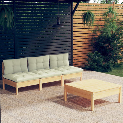 Set Salotto da Giardino 4 pz con Cuscini Crema in Legno di Pino