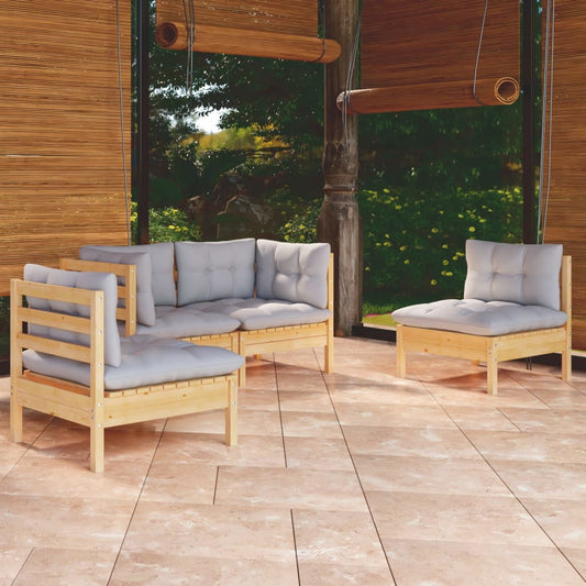 Set Divani da Giardino 4 pz con Cuscini Grigi Massello di Pino | homemem39