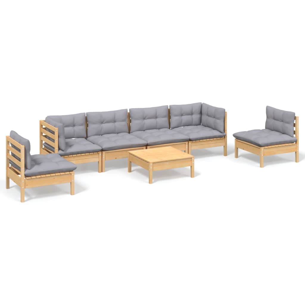 Set Divani da Giardino 7 pz con Cuscini Grigi Massello di Pino