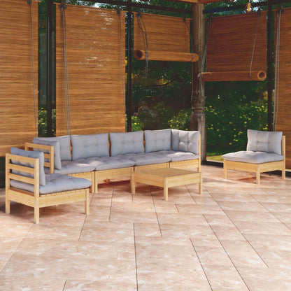 Set Divani da Giardino 7 pz con Cuscini Grigi Massello di Pino