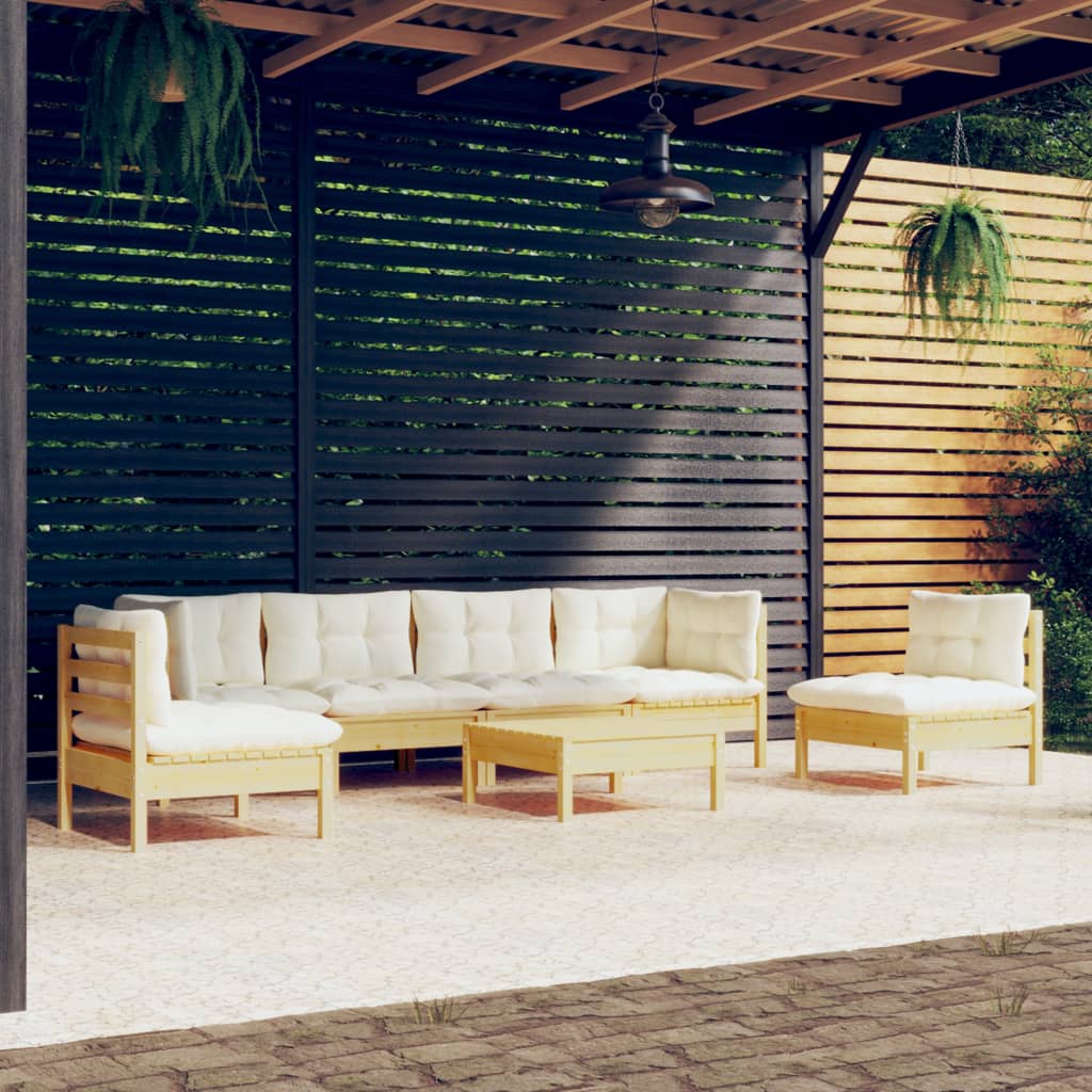 Set Divani da Giardino 7 pz con Cuscini Crema in Massello di Pino | homemem39