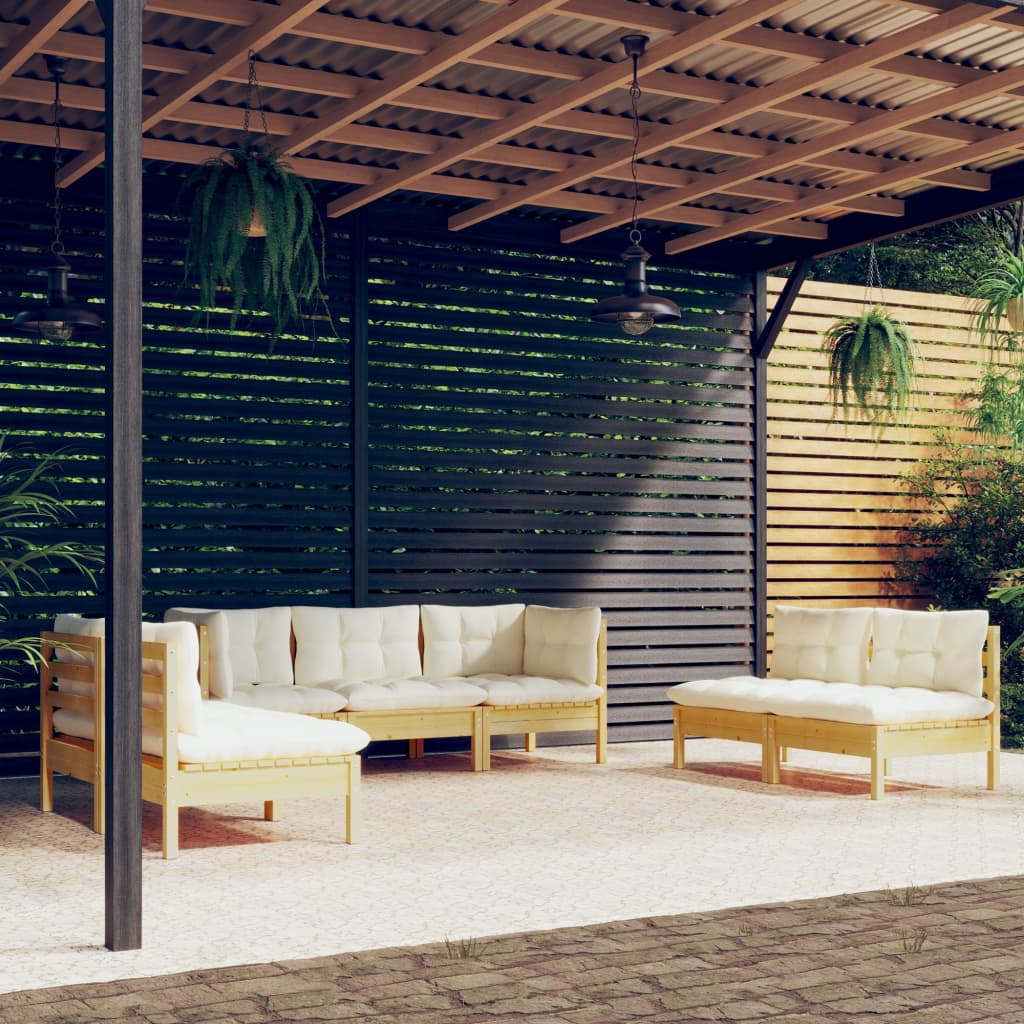 Set Divani da Giardino 7 pz con Cuscini Crema in Massello di Pino | homemem39