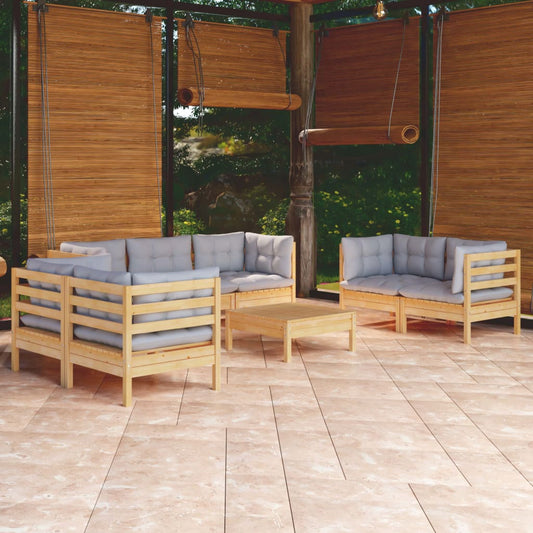 Set Divani da Giardino 8 pz con Cuscini Grigi Massello di Pino | homemem39