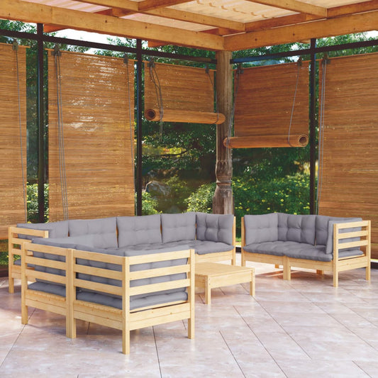 Set Divani da Giardino 9 pz con Cuscini Grigi Massello di Pino | homemem39