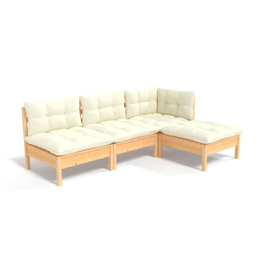 Set Salotto da Giardino 4 pz con Cuscini Crema in Legno di Pino