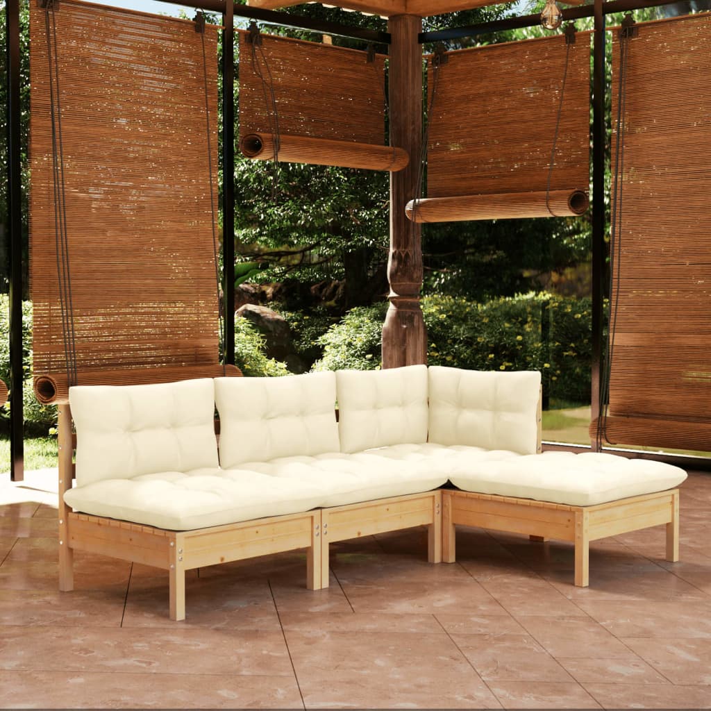 Set Salotto da Giardino 4 pz con Cuscini Crema in Legno di Pino