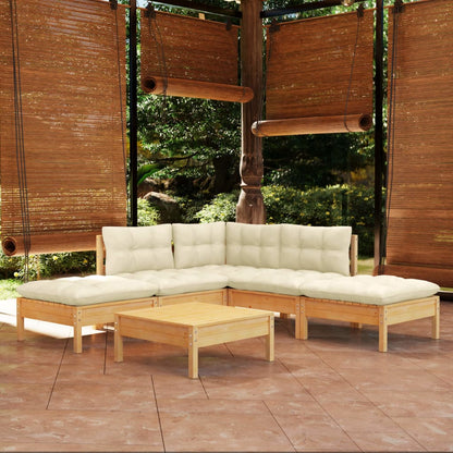 Set Salotto da Giardino 6 pz con Cuscini Crema Legno di Pino