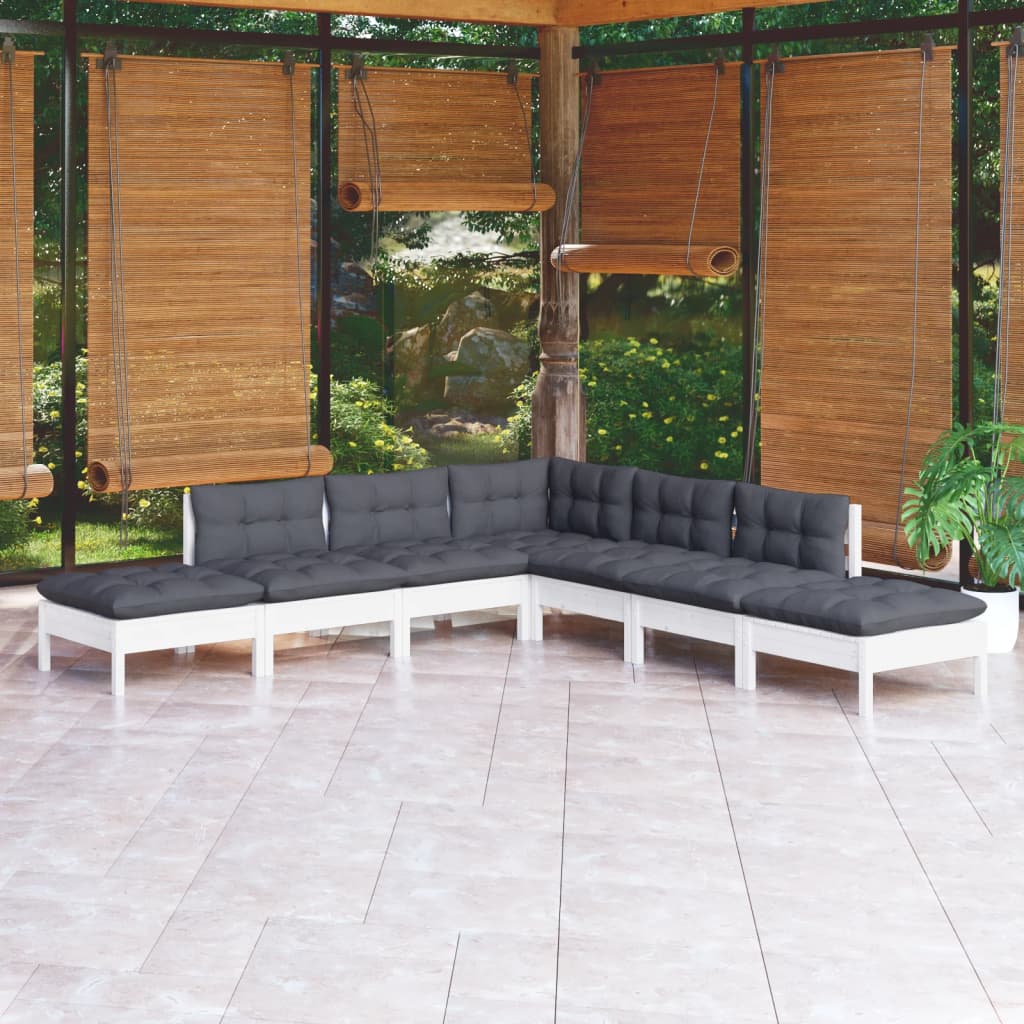 Set Divani da Giardino 7 pz con Cuscini Bianchi Legno di Pino - homemem39